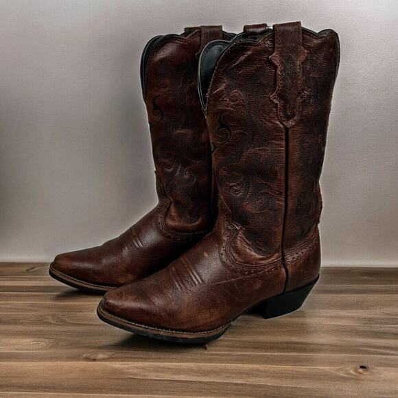 Justin Boots Girls 7 Leather Brown Cowboy Boots pointed toe low heel western - Picture 1 of 11